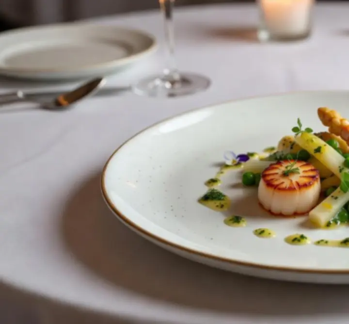 Plat gastronomique contemporain dressé avec précision, aux couleurs vives et présentation artistique.