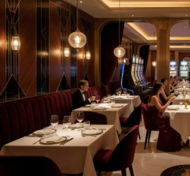 Salle de restaurant élégante attenante à l'espace casino, lumières dorées et ambiance feutrée.