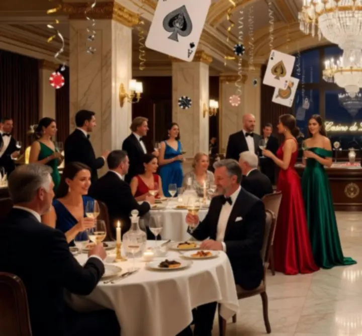 Soirée à thème dans un restaurant de casino en France, lumières dorées et ambiance chic